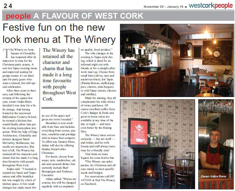 Read more about the article New look menu at The Winery